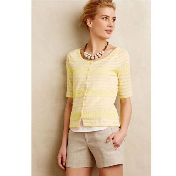 Anthropologie Moth yellow beige striped short sleeve cardigan size Large - Picture 1 of 9
